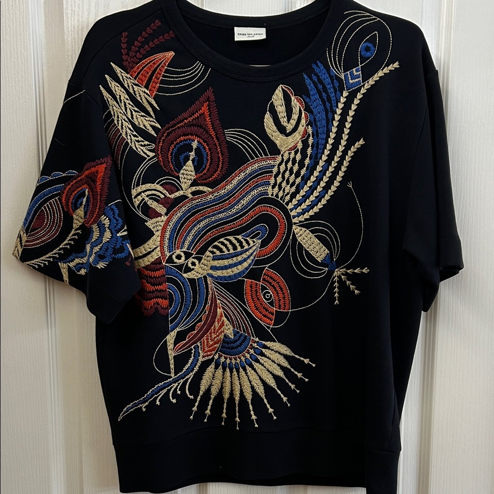 Dries Van Noten Black Tee with Vibrant Embroidery
